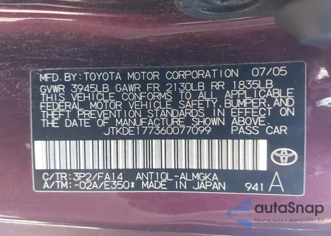 2006 Scion Tc from USA, damaged, VIN JTKDE177360077099